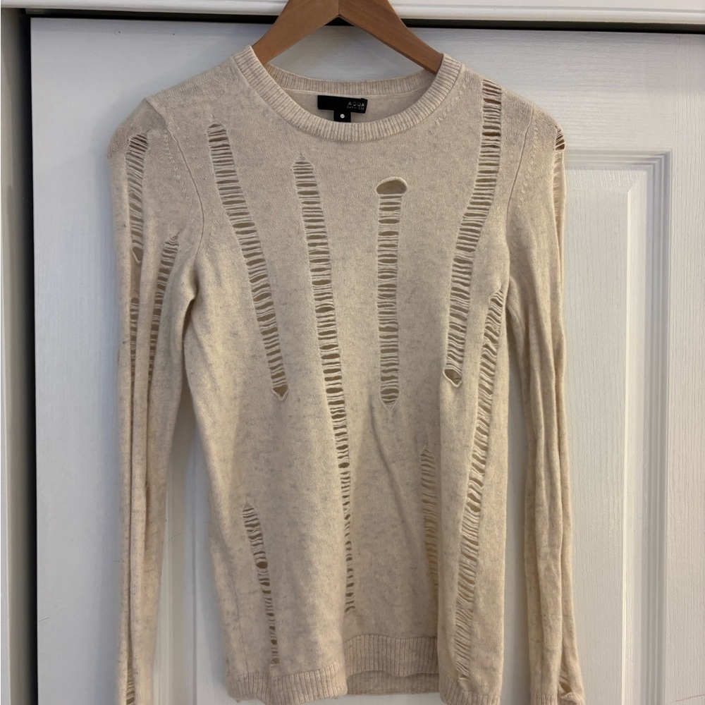 Aqua Cream Distressed Scoopneck Sweater